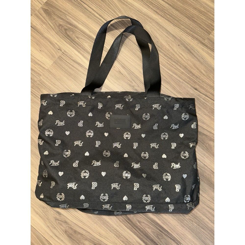 Victoria's Secret PINK Black‎ Tote Bag Silver Print Fabric Canvas Large